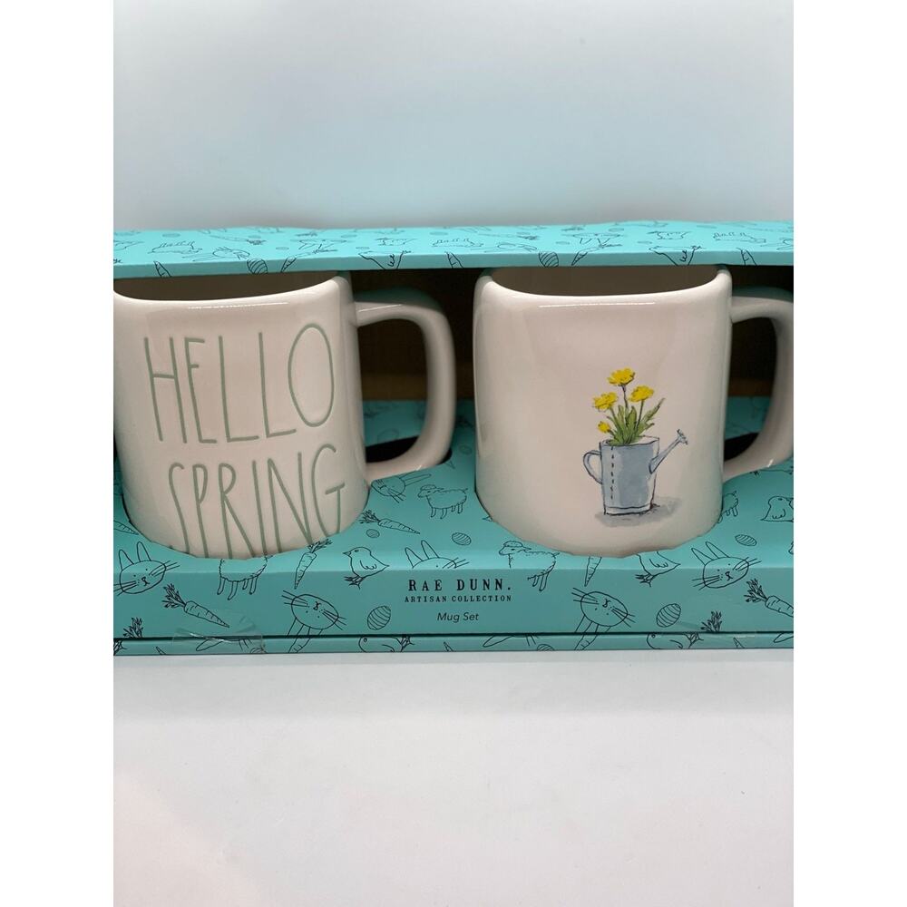 Rae Dunn Hello Spring Mug Set Ceramic White With Blue & Yellow Floral 2-Piece Ar